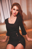 170cm white skin small breasts love doll Malena, seated with her head slightly tilted, wearing a black mini-dress.