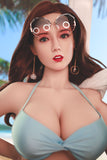 Huge boobs Asian sex doll Chiaki, closeup shot of head and bosom, with her huge breasts in a light blue bikini top and her sunglasses poised over her eyes.