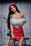 A medium wide shot of Bluma, half-seated on a stool, pulling up the front of her red mini-skirt and touching her left breast.