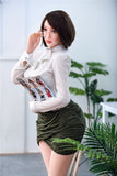 A medium shot of nerdy, curvaceous goddess Mi-Suk in a green mini-skirt and white long sleeved button up and large secretary glasses.