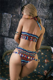 Petite, curvy Klaudija seen from behind in her patterned bikini with high cut bottom.